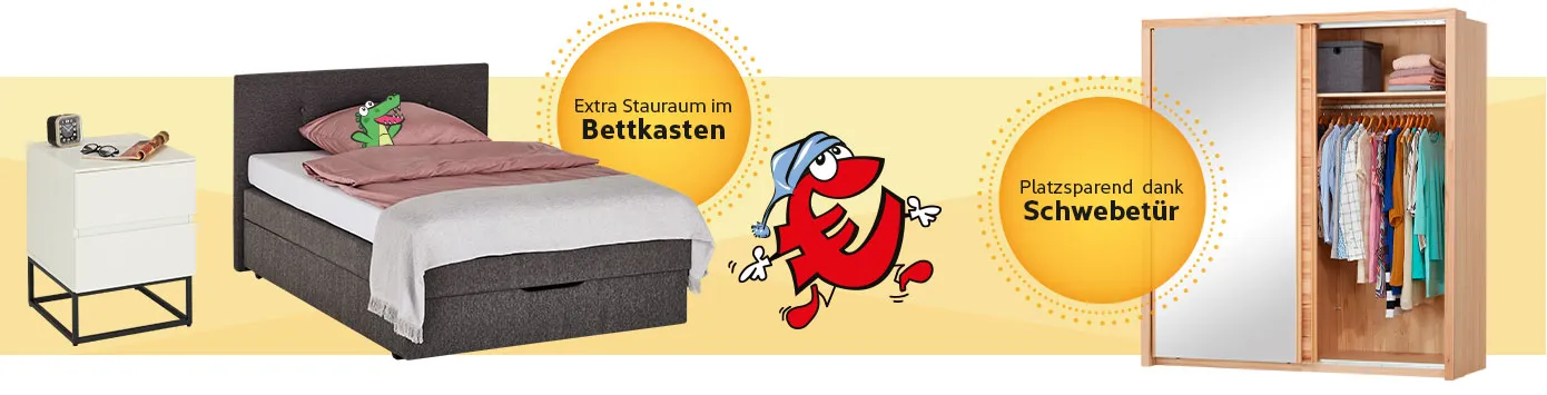 Collage mit verschiedenen Produkten: Nachttisch in Weiß mit schwarzem Gestell, graues Polsterbett mit Hinweis "Extra Stauraum im Bettkasten", Kleiderschrank in Holzoptik mit Spiegel und Hinweis: Platzsparend dank Schwebetür