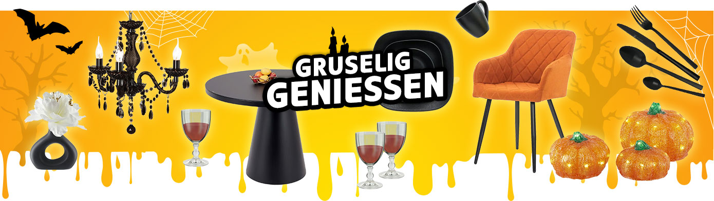 Gruselig genießen, Collage mit Produkten: schwarze Vase mit Loch in der Mitte, schwarzer Kronleuchter, Weingläser in Rauchgrau, schwarzer runder Esstisch, schwarzes Geschirr, Polsterstuhl in Orange mit schwarzem Gestell, schwarzes Besteck, LED Kürbisse 3er Set. Illustrationen von Gespenstern, kahlen Bäumen, Fledermäusen und Spinnennetzen im Hintergrund
