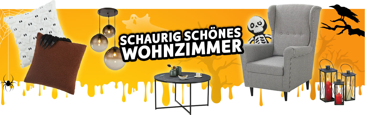 Schaurig schönes Wohnzimmer, Collage mit Produkten: Kissen mit Geistermuster, Kissen mit schwarzer Klauenhand, Deckenleuchte mit 3 Rauchglasschirmen rund, schwarzer runder Couchtisch, Ohrensessel in schwarz-weißem Hahnentritt-Muster, 3 schwarze Laternen mit Kerzen. Illustrationen von Gespenstern, kahlen Bäumen, Raben und Spinnen im Hintergrund
