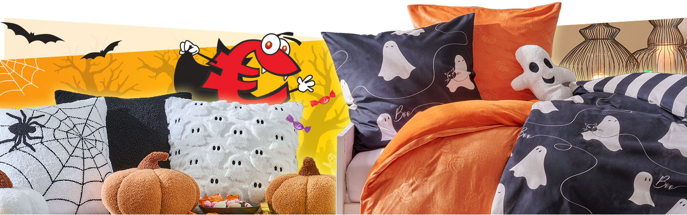 Collage mit Halloween-Motiven und Produkten: Kissen mit Spinnennetzmuster, Kissen mit Geistermuster, schwarzes Kissen, Kürbiskissen, Bettwäsche mit Geistermotiv, orangene Bettwäsche mit Kürbismotiv, weißes Kissen in Geisterform