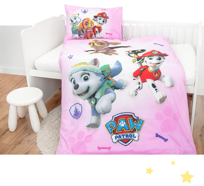 Bettwäsche rosa mit Paw Patrol Hunden und Logo