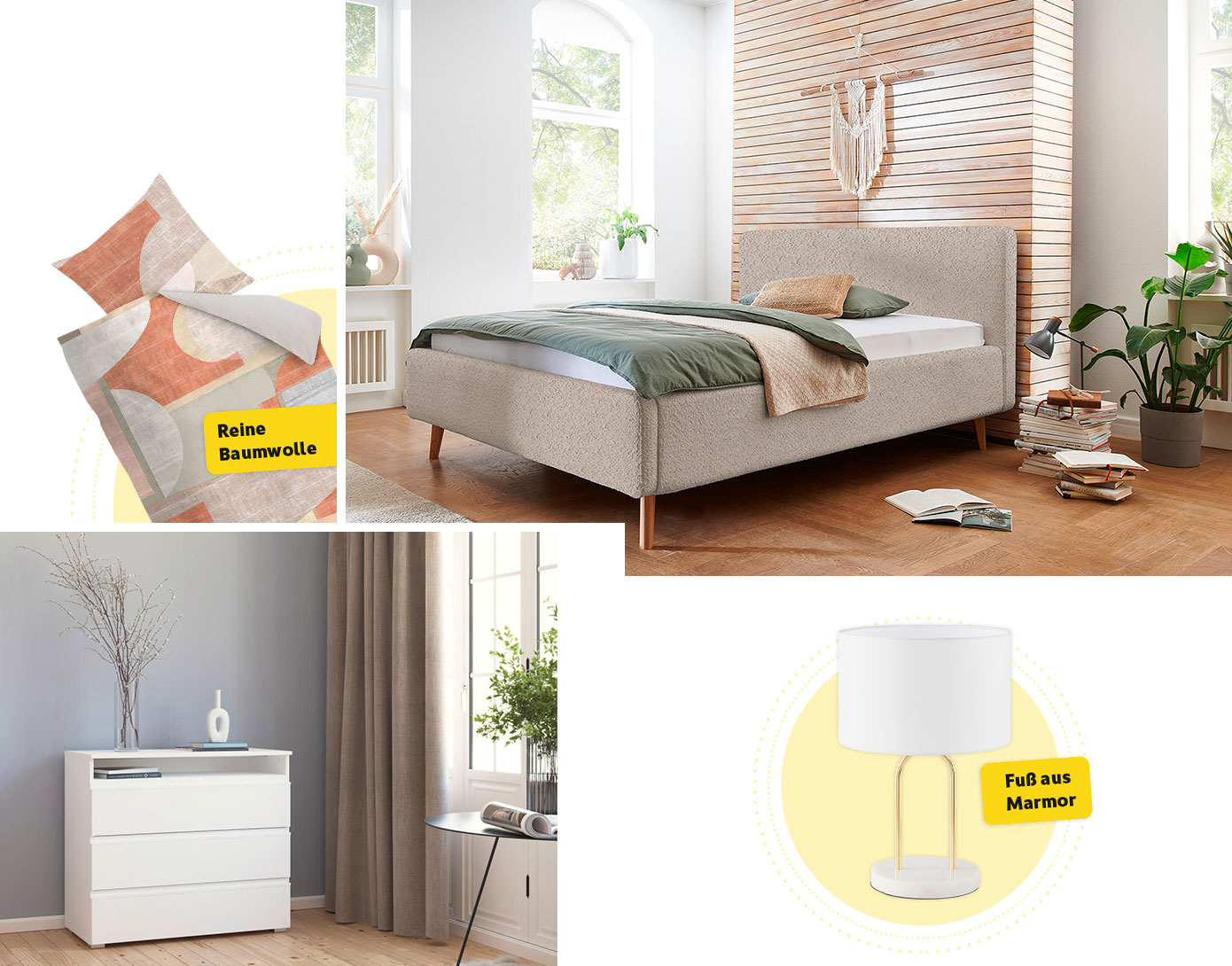 Collage aus 4 Bildern - Bild 1: Bettwäsche mit geometrischem Muster in Braun, Beige und Grau mit Hinweis "Reine Baumwolle" - Bild 2: Schlafzimmer mit beigem Bett mit grüner Bettwäsche und beigem Plaid vor Holzwand und weißer Wand mit großen Fenstern - Bild 4: Weiße Tischleuchte mit Goldakzenten mit Hinweis "Fuß aus Marmor"