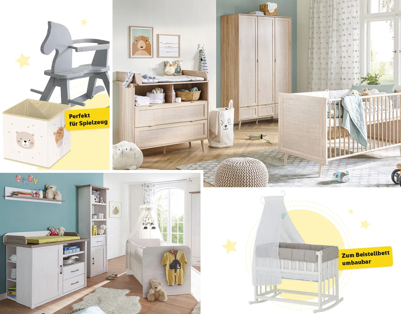 Collage aus 4 Bildern. Bild 1: Ordnungsbox mit Tiermotiven und Hinweis "Perfekt für Spielzeug", graues Schaukelpferd. Bild 2: Babyzimmer in Holz- und Rattanoptik im Skandi-Stil, bestehend aus Wickelkommode, Schrank und Bett, Spielzeug, Babytextilien und Deko. Bild 3: Babyzimmer in zweifarbiger Holzoptik im Landhaus-Stil, bestehend aus Wickelkommode, Regal und Bett, Spielzeug, Babytextilien und Deko. Bild 4: Stubenwagen mit Himmel in Weiß mit grauen Textilien und Hinweis "Zum Beistellbett umbaubar"