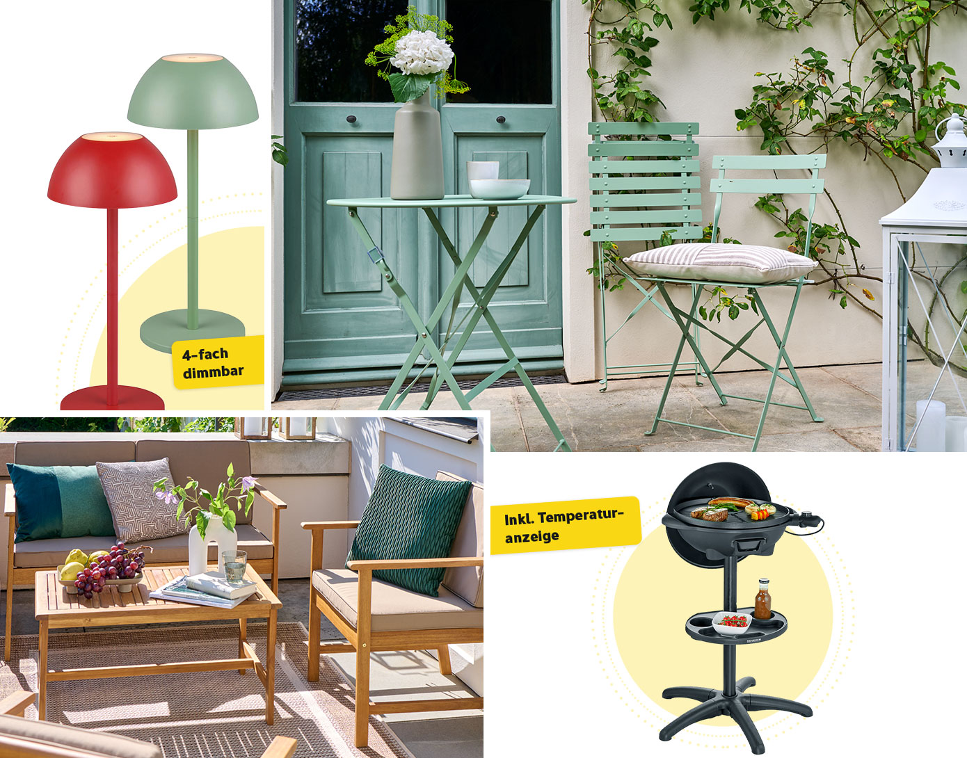Collage aus Möbeln und Accessoires: Eine Terrasse mit hellgrünem Balkon-Set, ein Balkon mit Holz-Sofa-Set, LED-Akkuleuchten mit dem Hinweis "4-fach dimmbar" und ein Standgrill mit dem Hinweis "Inkl. Temperaturanzeige"