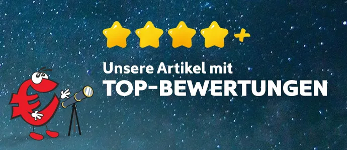 Unsere Artikel mit Top-Bewertungen. Sconti-Maskottchen mit Fernrohr, 4 gelbe Sterne und gelbes Plus-Zeichen, Nachthimmel