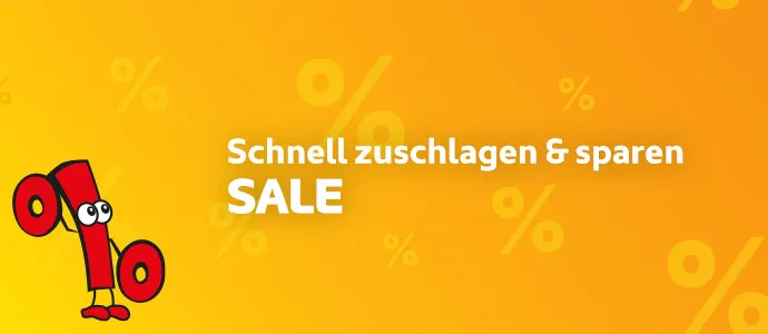 Schnell zuschlagen und sparen. Sale. Prozentzeichen-Maskottchen und weitere Prozentzeichen