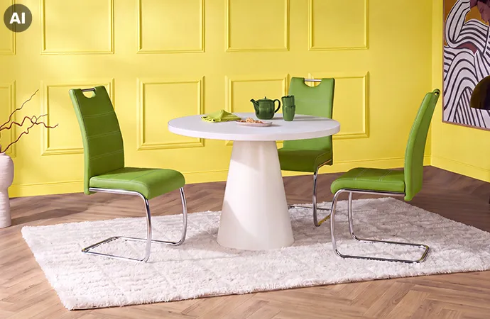 AI-generiert: Esszimmer mit weißem Tisch und limettengrünen Stühlen, weißem Teppich vor gelber Wand, grüne Deko.