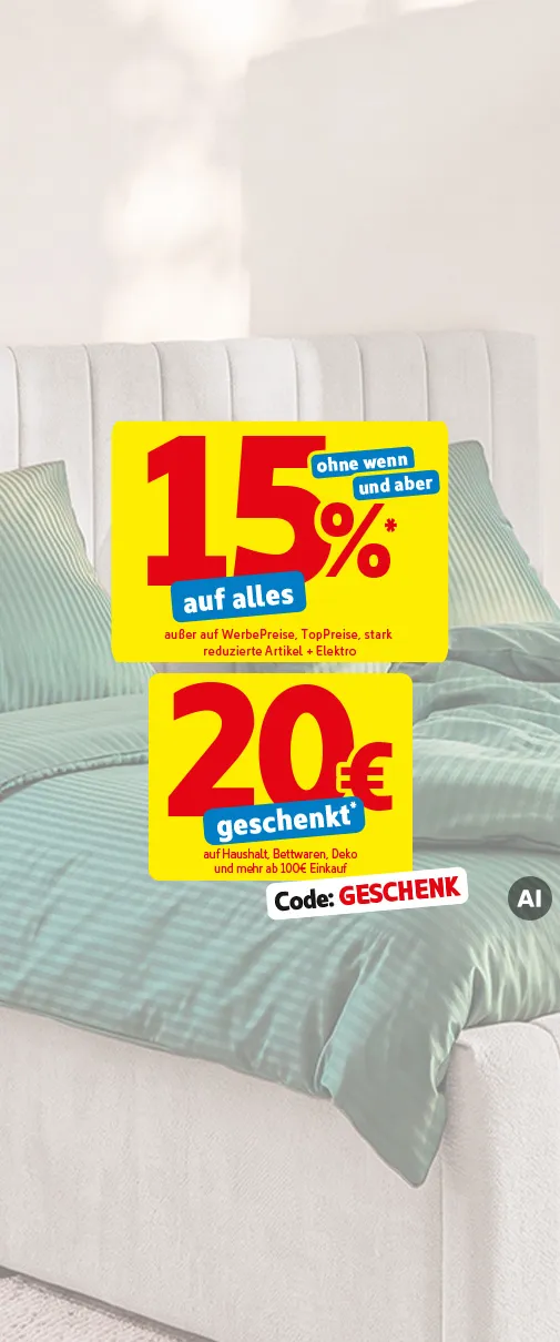 SSV - Krasse Rabatte + Mega Sonderangebote: 15%* auf alles ohne wenn und aber außer auf WerbePreise, TopPreise, stark reduzierte Artikel & Elektro. 20€ geschnekt* auf Haushalt, bettwaren, Deko und mehr ab 100€ Einkauf und mit dem Code: Geschenk. KI-generiertes Bild.