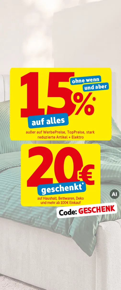 SSV - Krasse Rabatte + Mega Sonderangebote: 15%* auf alles ohne wenn und aber außer auf WerbePreise, TopPreise, stark reduzierte Artikel & Elektro. 20€ geschnekt* auf Haushalt, bettwaren, Deko und mehr ab 100€ Einkauf und mit dem Code: Geschenk. KI-generiertes Bild.