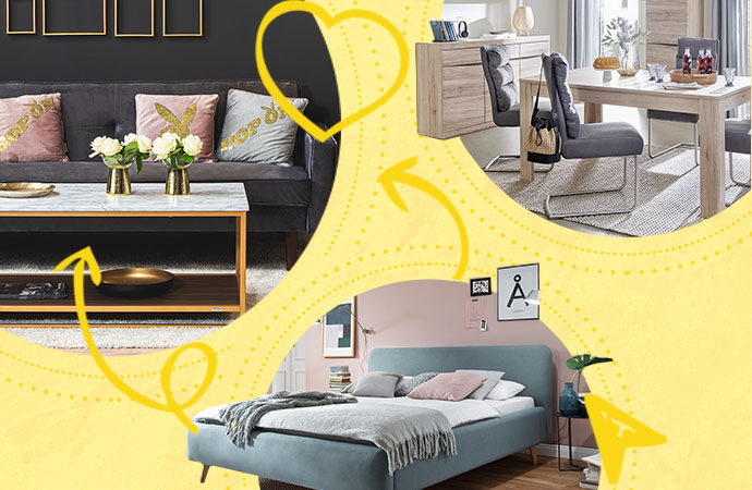 Collage aus 3 Bildern. Bild 1: graues Sofa, gold-weißer Couchtisch, goldene Deko, rosa und hellblaues Kissen mit goldener Schrift Hop On. Bild 2: hellblaues Polsterbett in einem Schlafzimmer. Bild 3: Holztisch, graue Polsterstühle und Kommode in Holzoptik in einem Esszimmer