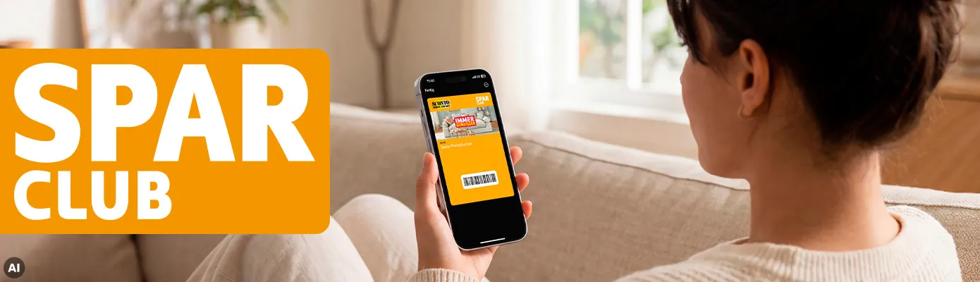 SPARCLUB, Frau sitzt auf Sofa und schaut auf ihr Smartphone auf dem der Sconto SparClub zu sehen ist, AI generiert