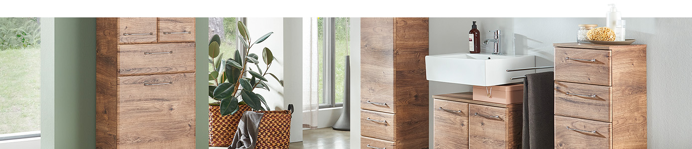 Badmöbel in Holzoptik in einem Badezimmer, bestehend aus Hochschrank, Midischrank, Spiegelschrank, Waschbeckenunterschrank, Hängeschrank und Unterschrank