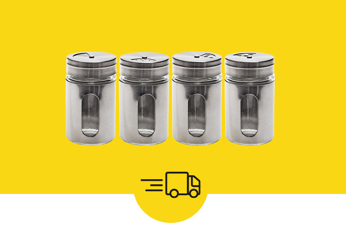 4 silberne Vorratsdosen und Lieferwagen-Icon