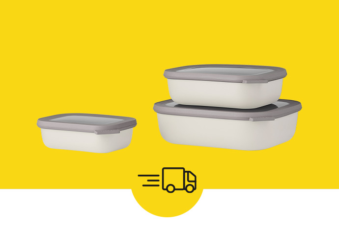 3 Kunststoff-Vorratsdosen und Lieferwagen-Icon