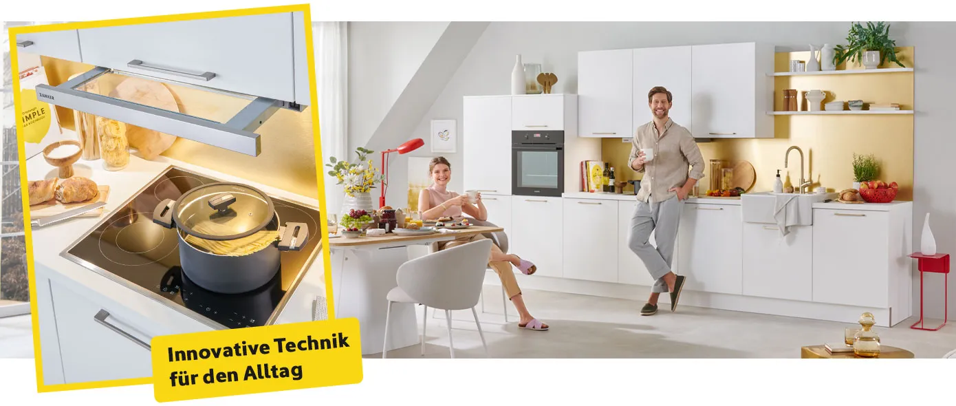 Collage aus mehreren Bildern. Bild 1: Küchenzeile in Weiß mit goldfarbener Nischenrückwand. Bild 2: Kochfeld in weißer Küche, darüber ausziehbare Dunstabzugshaube, Hinweistext: Innovative Technik für den Alltag. Bild 3: Kochfeld mit integrierten Downdraft Dunstabzug.