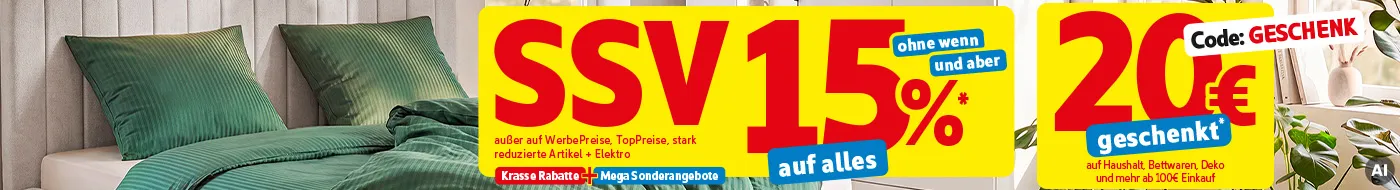 SSV - Krasse Rabatte + Mega Sonderangebote: 15%* auf alles ohne wenn und aber außer auf WerbePreise, TopPreise, stark reduzierte Artikel & Elektro. 20€ geschnekt* auf Haushalt, bettwaren, Deko und mehr ab 100€ Einkauf und mit dem Code: Geschenk. KI-generiertes Bild.