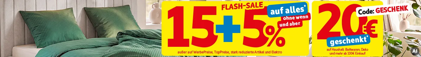Flash-Sale: 15% + 5% auf fast alles* ohne wenn und aber außer auf Werbepreise, TopPreise, stark reduzierte Artikel und Elektro. 20€ geschenkt auf Haushalt, Bettwaren, Deko und mehr ab 100€ Einkauf mit dem Gutscheincode "Geschenk". KI-generiertes Bild.