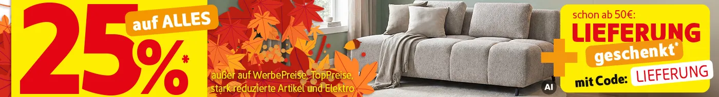 25%* auf alles ohne wenn und aber außer auf WerbePreise, TopPreise, stark reduzierte Artikel & Elektro. Schon ab 50€ Lieferung geschenkt* mit Code: Lieferung. KI-generiertes Bild.