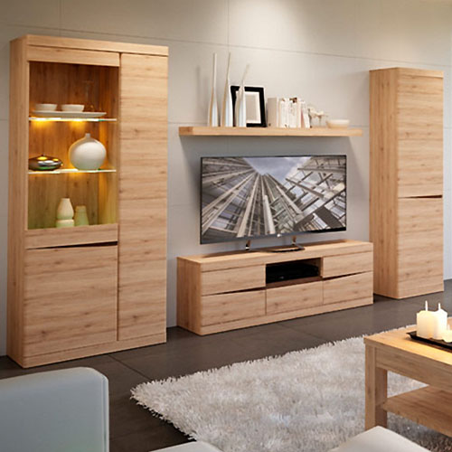 Vitrine mit Beleuchtung, Lowboard, Wandboard und Wohnzimmerschrank in Holzoptik mit dunklen Akzenten