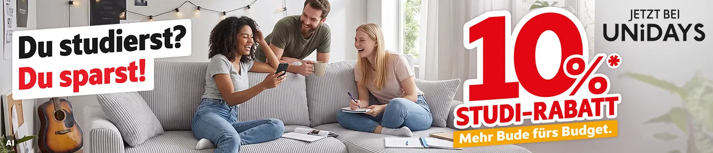 Du studierst? Du sparst! 10% Studi-Rabatt*, mehr Bude für's Budget. Jetzt bei Unidays. KI-generiertes Bild.