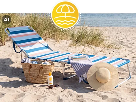 AI-generiert: blau-weiß-rosa gestreifte Sonnenliege, beiger Sonnenschirm, Strandtasche, Sonnenhut, weitere Accessoires