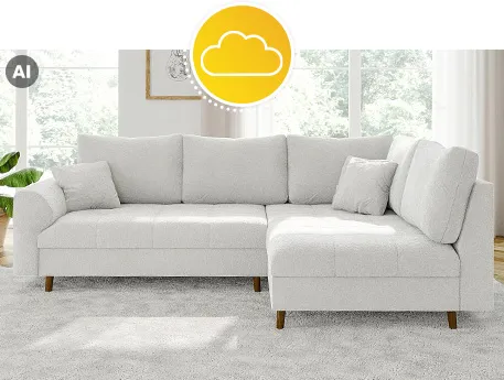 Weißes Ecksofa, weißer Teppich in Wohnzimmer, Deko; AI-generiert
