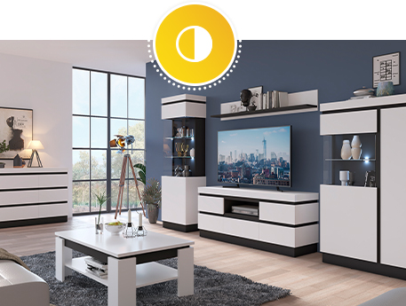 Wohnzimmer mit Möbeln in Weiß-Schwarz, bestehend aus Kommode, Couchtisch, Vitrine, Lowboard, Wandboard, Highboard. Küchenzeile in Schwarz-Weiß