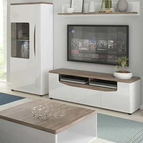 Highboard, Wandboard, Lowboard, Vitrine und Couchtisch in Weiß und Holzoptik, Vitrine und Highboard mit Beleuchtung
