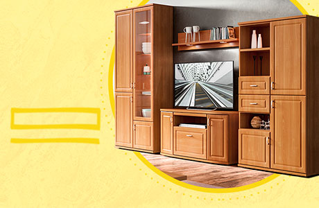 Klassisch designte Wohnkombination in Buchenholz-Optik mit Beleuchtung