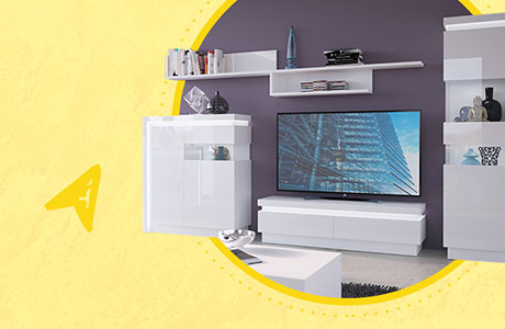 Moderne Wohnkombination in Hochglanz-Weiß mit LED-Beleeuchtung vor dunkelgrauer Wand