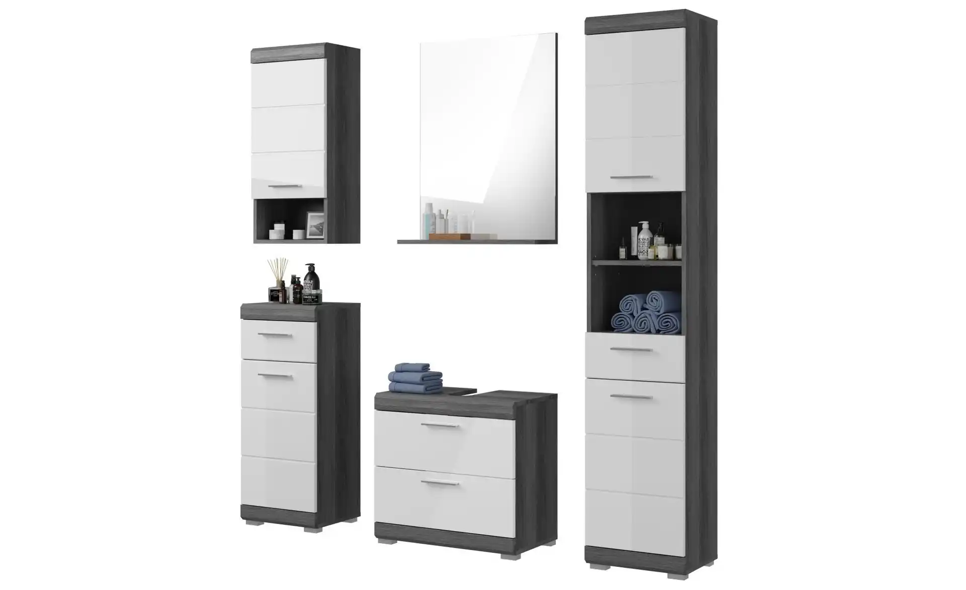 Badmöbel-Set SCHLOONSEE, 5 teilig, bestehend aus: Hochschrank, WBU, Spiegel, Unterschrank, Hängeschrank Schloonsee