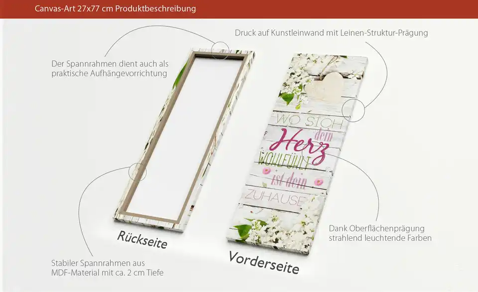 Kunstleinwand 30x80 cm "Wohlfühlherz", in Wohnsituation