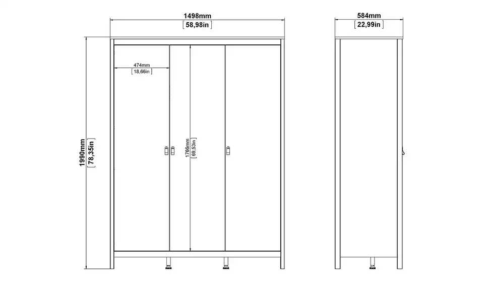Kleiderschrank Madron, Bemaßung
