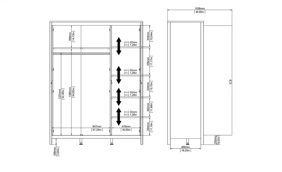 Kleiderschrank Madron, Bemaßung