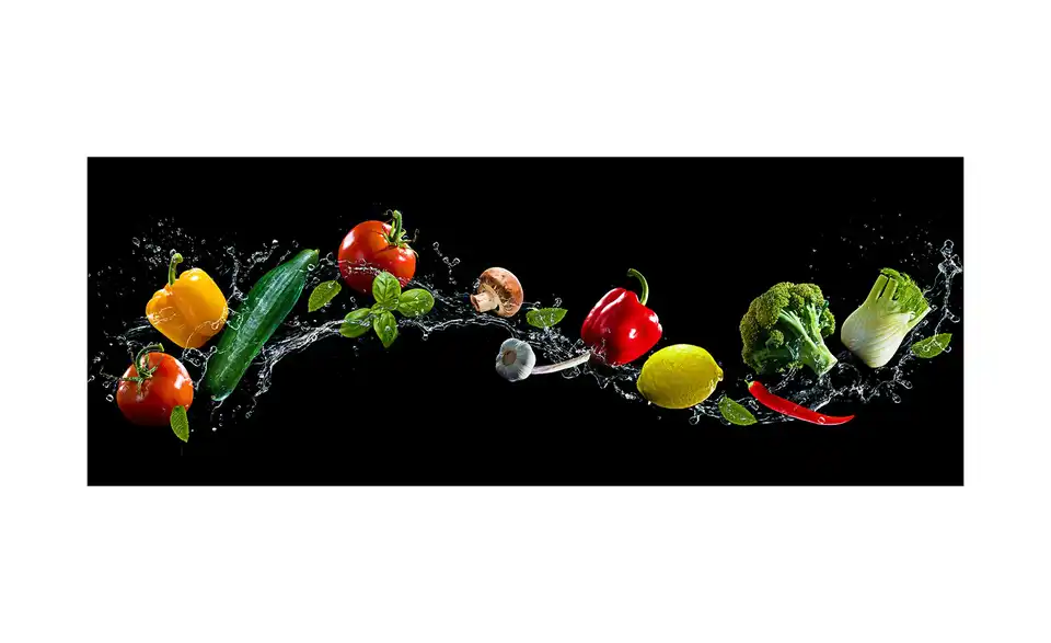 Glasbild 80x30 cm Flying Vegetables, Frontansicht