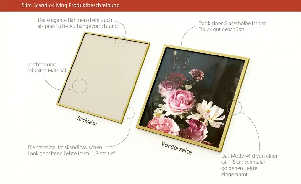 Gerahmtes Bild 53x53 cm Baroque Flowers IV, in Wohnsituation