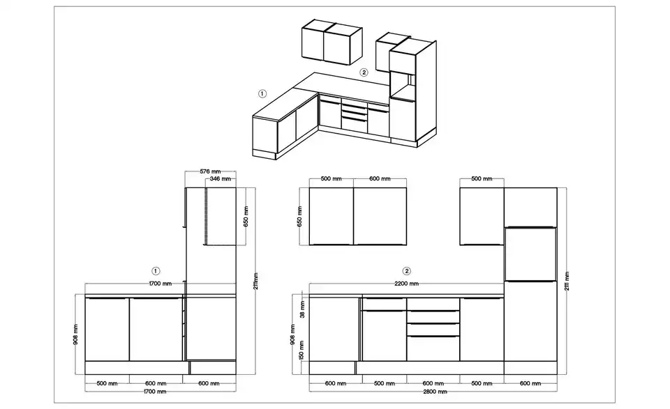 Küchenzeile, Bemaßung