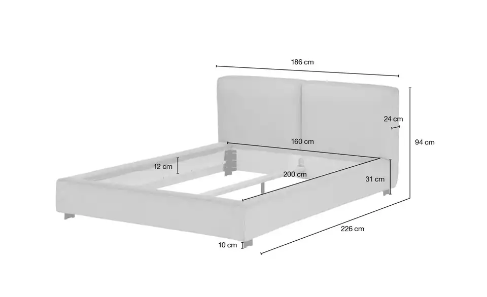 Polsterbettgestell Vesta, Bemaßung