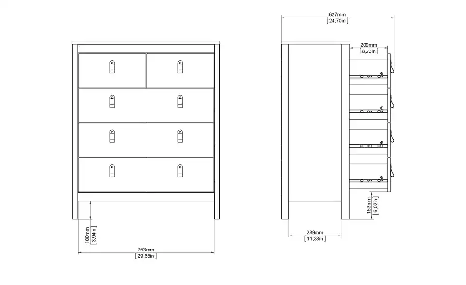 Kommode Madrid, Bemaßung