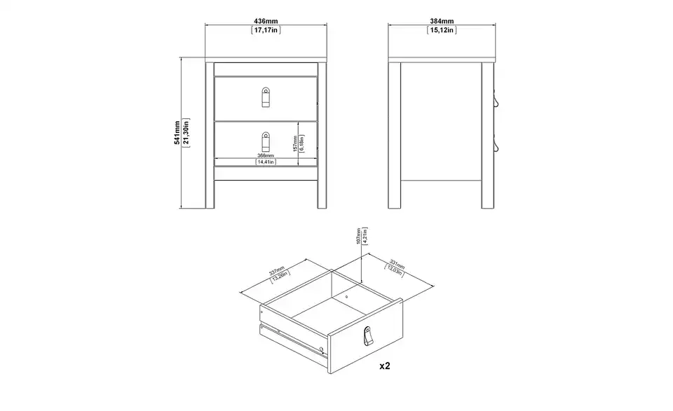 Nachtkommode Madrid, Bemaßung