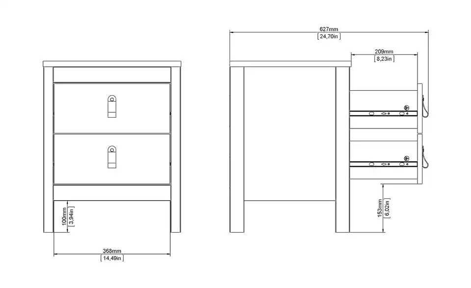 Nachtkommode Madrid, Bemaßung