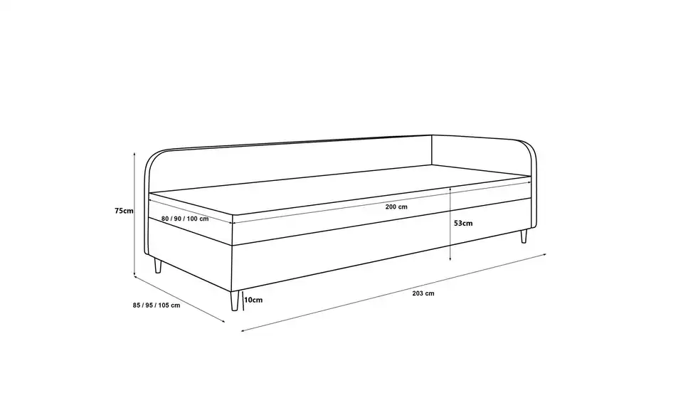Polsterbett Ilford mit Stauraum, Bemaßung