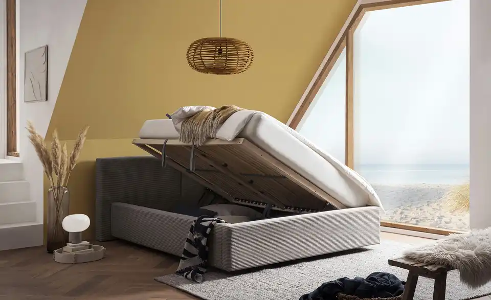 Polsterbett mit Bettkasten Cube, in Wohnsituation