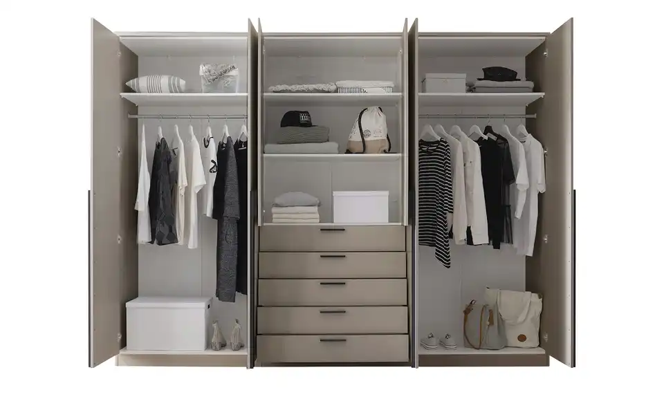 Drehtürenschrank Arnis 6-türig, Cashmere, mit Einlegeböden, geöffnet