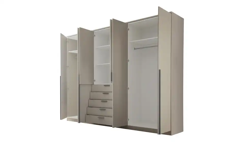 Drehtürenschrank Arnis 6-türig, Cashmere, mit Einlegeböden, geöffnet