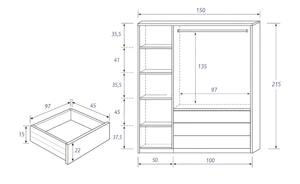 Drehtürenschrank Sorento, Bemaßung