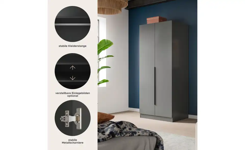 Drehtürenschrank, Bild mit Text