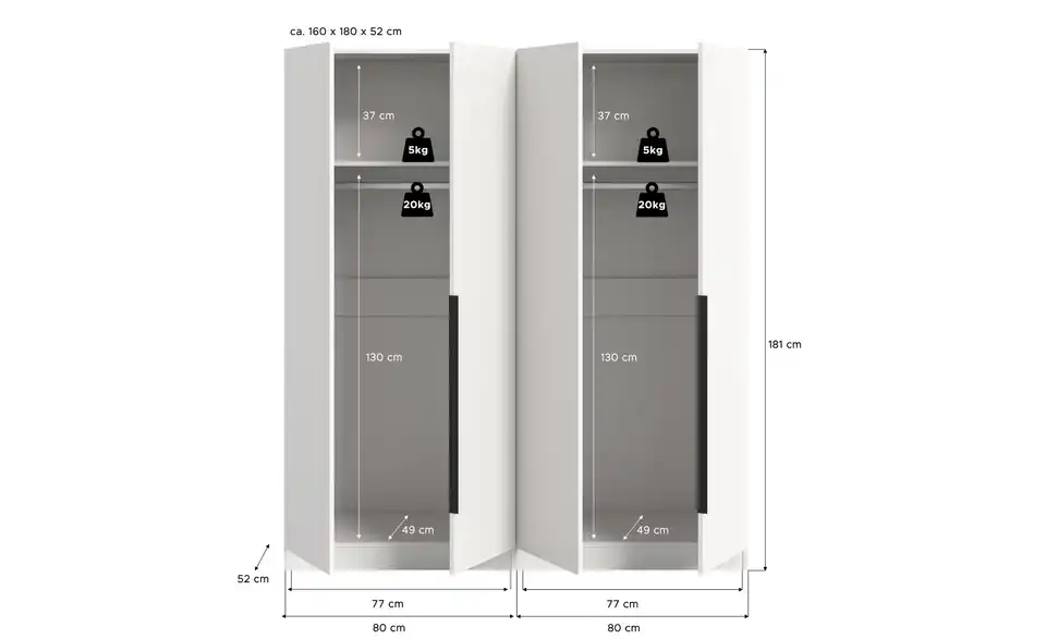 Drehtürenschrank, Bemaßung