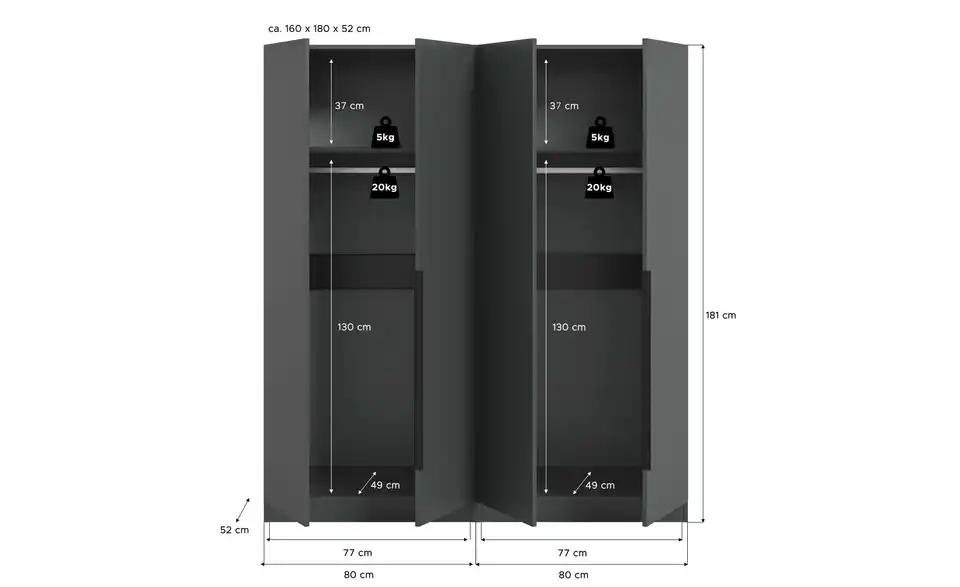 Drehtürenschrank, Bemaßung