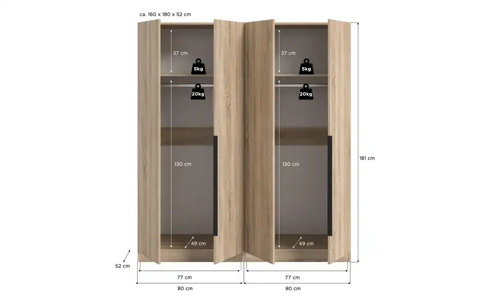 Drehtürenschrank, Bemaßung